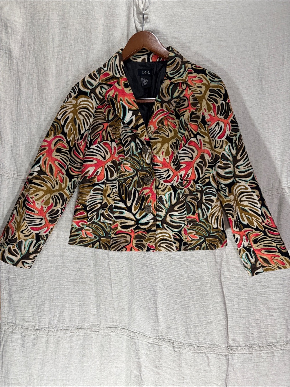 R.Q.T. Tropical Monstera Palm Leaf Tailored Blazer Cotton Size S Botanical Retro